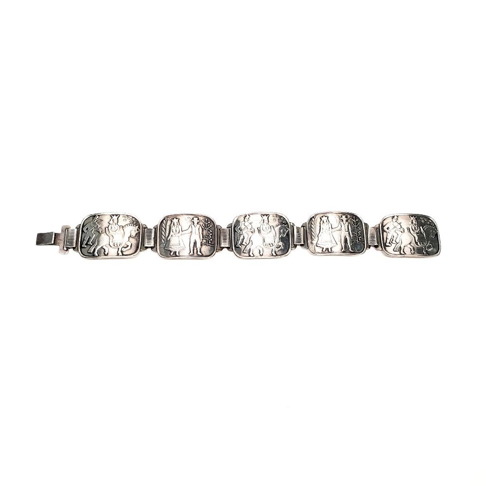 Vintage NM Thune Norway Sterling Silver Marriage Scenes Panel Bracelet #6840